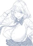  breasts commentary_request greyscale hair_ornament hairclip highres huge_breasts monochrome mushi024 narusawa_ryouka necktie occultic;nine one_eye_closed salute school_uniform short_hair skirt smile solo 