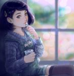  artist_name black_eyes black_hair black_legwear blue_sweater blueberry blurry closed_mouth cup depth_of_field food freckles fruit hair_ornament hairclip heart highres holding holding_cup holding_spoon lens_flare long_sleeves original overalls protected_link realistic sillyselly sitting solo spoon sweater thighhighs window yogurt 