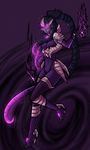  1girl armor black_hair breasts covered_navel elbow_gloves faulds fire forehead_jewel full_body genderswap genderswap_(mtf) gloves glowing glowing_eyes grey_skin grin high_ponytail highres league_of_legends long_hair pauldrons personification pink_eyes pink_sclera pride-kun purple purple_fire purple_gloves sharp_teeth small_breasts smile solo teeth tentacle_hair vel&#039;koz very_long_hair 
