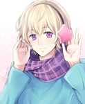  blonde_hair earmuffs highres kangumi male_focus nishimiya_ryou purple_eyes sanrio_danshi scarf smile solo twitter_username 