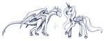  ambiguous_gender claws dalagar dragon duo equine eyes_closed feathered_wings feathers female feral friendship_is_magic fur greyscale hair hooves horn mammal membranous_wings monochrome my_little_pony nude princess_luna_(mlp) simple_background smile white_background winged_unicorn wings 
