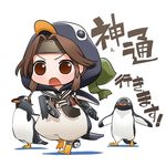  animal_costume bird brown_eyes brown_hair commentary cosplay gentoo_penguin hair_intakes half_updo headband hirai_yukio jintsuu_(kantai_collection) kantai_collection kigurumi long_hair necktie penguin penguin_costume pun remodel_(kantai_collection) school_uniform simple_background translated white_background 