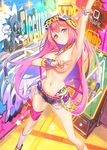  :&lt; arm_up covered_nipples covering covering_breasts denim denim_shorts graffiti hat jewelry long_hair looking_at_viewer navel necklace official_art pink_hair pop_kyun qurare_magic_library short_shorts shorts solo standing suspenders suspenders_slip topless 