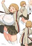  2016 arms_up bouncing_breasts bow bow_panties breasts brown_eyes brown_hair dated hair_ornament hairclip highres huge_breasts multiple_views narusawa_ryouka necktie occultic;nine open_mouth panties plaid plaid_skirt school_uniform short_hair signature simple_background skirt smile thick_thighs thighs try underwear white_background white_panties 