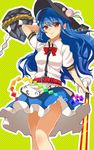  arm_behind_head belt black_hat blue_hair blue_skirt bow bowtie buttons cowboy_shot food frilled_skirt frills fruit green_background hair_between_eyes hat hat_leaf hinanawi_tenshi keystone konnyaku_(yuukachan_51) long_hair peach polka_dot polka_dot_background puffy_short_sleeves puffy_sleeves rainbow_order red_bow red_eyes red_neckwear shirt short_sleeves skirt smile solo sword_of_hisou touhou white_shirt wing_collar 