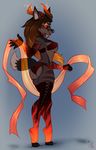  5_fingers anthro audiovideomeow avoid_posting black_nose breasts butt canine claws digitigrade eyelashes female fur grey_fur horn hybrid mammal orange_eyes smile solo wide_hips wimple_background 