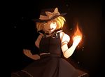 black_background black_dress blonde_hair bow burning_hand clenched_hand commentary dress fire hat hat_bow hat_ribbon looking_at_viewer nekolina open_mouth puffy_short_sleeves puffy_sleeves ribbon shaded_face shadow short_hair short_sleeves solo touhou touhou_(pc-98) yellow_eyes yuki_(touhou) 