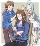  2boys :d apron blue_hair bridal_gauntlets brown_hair brush chair closed_eyes crossed_arms double-breasted dress gran_(granblue_fantasy) granblue_fantasy hair_ornament hairclip hood hoodie long_hair looking_at_another lyria_(granblue_fantasy) multiple_boys open_mouth siegfried_(granblue_fantasy) simple_background sitting sleeping smile waist_apron watermark yoshida_sei 