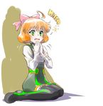  blouse boots bow dress full_body green_dress green_eyes hair_bow halterneck hiccup highres iesupa nose open_mouth orange_hair penny_polendina pink_bow rwby solo thighhighs zettai_ryouiki 