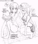  2girls :t bangs bare_shoulders barefoot bikini_skirt blush breasts character_name cleavage closed_mouth collarbone eating embarrassed english_text eyebrows_visible_through_hair eyes_closed female flying_sweatdrops food front-tie_bikini front-tie_top fruit fubuki_(kantai_collection) full_body greyscale hair_ornament hair_ribbon hairclip hand_up hands_up have_to_pee highres holding japanese_text kantai_collection knees_together_feet_apart koorimizu looking_at_another medium_breasts monochrome multiple_girls nose_blush open_mouth pigeon-toed ponytail ribbon short_hair sitting small_breasts smile speech_bubble squatting sweat tied_hair towel translation_request urine_meter watermelon yuudachi_(kantai_collection) 