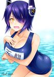  bare_shoulders breasts cleavage eyepatch kantai_collection large_breasts name_tag noise_(tsuzuki) one-piece_swimsuit purple_hair school_swimsuit short_hair solo swimsuit tenryuu_(kantai_collection) thighs twitter_username water wavy_mouth yellow_eyes 
