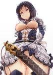  armor ass_visible_through_thighs bangs belt black_armor black_hair blurry bob_cut breasts breasts_outside censored closed_mouth cowboy_shot depth_of_field dress dress_lift empty_eyes erika_(shadowverse) frills from_below frown gauntlets gloves highres lace_trim large_breasts looking_down nipples no_panties purple_eyes pussy shaded_face shadowverse short_hair shoulder_armor simple_background solo spaulders sword ten_piboshi thigh_gap thighhighs underbust weapon white_background 