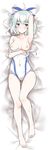  absurdres barefoot blue_eyes blush breasts competition_swimsuit dakimakura hair_ribbon highres keijo!!!!!!!! lying medium_breasts miyata_sayaka nipples on_back one-piece_swimsuit ren_san ribbon short_hair silver_hair solo swimsuit swimsuit_pull white_swimsuit 