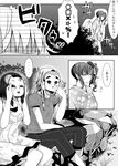  3girls bare_shoulders check_translation closed_eyes clothes_writing comic dress flower greyscale hair_flower hair_ornament highres japanese_clothes kimono mask mimoto_(aszxdfcv) monochrome multiple_girls original rock shaded_face shirt side_ponytail sitting spoken_ellipsis sweat t-shirt translation_request 