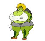  2016 alligator_snapping_turtle anthro blonde_hair breasts cleavage clothed clothing female hair hilda_(character) morbidly_obese orange_eyes overweight scales scalie solo thick_thighs vdisco voluptuous wide_hips 