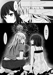  bangs bare_shoulders blunt_bangs check_translation comic dress face-to-face fireworks greyscale highres looking_at_another mimoto_(aszxdfcv) monochrome multiple_girls open_mouth original rock shirt sitting t-shirt translation_request 