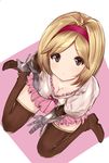  bangs blonde_hair bow breasts brown_eyes brown_legwear cleavage closed_mouth djeeta_(granblue_fantasy) dress eyebrows eyebrows_visible_through_hair eyes_visible_through_hair fighter_(granblue_fantasy) from_above gauntlets granblue_fantasy hair_intakes hairband heart highres looking_at_viewer looking_up medium_breasts nemun_(tamizzz) pink_bow pink_dress pink_hairband puffy_short_sleeves puffy_sleeves short_dress short_hair short_sleeves sitting solo thighhighs wariza zettai_ryouiki 