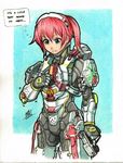  armor bow cave_(choujigen_game_neptune) earrings green_eyes gun hair_ornament halo_(game) handgun highres isaki_tanaka jewelry neptune_(series) pistol power_armor red_hair short_hair solo traditional_media twintails weapon 