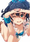  antenna_hair arms_up bad_id bad_pixiv_id bikini black_hair bow breasts cleavage earrings fang ganaha_hibiki hair_between_eyes hair_bow hands_clasped high_ponytail highres hoop_earrings idolmaster idolmaster_(classic) jewelry leaning_forward long_hair medium_breasts narumi_arata one_eye_closed open_clothes open_shirt own_hands_together ponytail sandals shirt shorts simple_background solo swimsuit swimsuit_under_clothes 