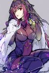  bodysuit breasts covered_navel fate/grand_order fate_(series) large_breasts long_hair looking_at_viewer nishi_juuji purple_background purple_bodysuit purple_hair red_eyes scathach_(fate)_(all) scathach_(fate/grand_order) simple_background sitting slit_pupils solo veil 