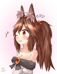  alternate_hairstyle animal_ears bad_id bad_pixiv_id blush breasts brooch brown_hair cleavage collarbone dress gradient gradient_background heart heart-shaped_pupils imaizumi_kagerou jewelry long_hair long_sleeves off_shoulder one_eye_closed open_mouth ponytail red_eyes solo symbol-shaped_pupils tasoru touhou wide_sleeves wolf_ears 