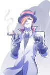  8-ball black_gloves black_hat blue_eyes cigar gloves hair_over_one_eye hat highres iesupa looking_at_viewer male_focus orange_hair parted_lips roman_torchwick rwby smoking solo standing 