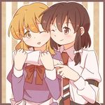  :d arm_around_neck armband black_skirt blonde_hair border bow braid brown_hair collared_shirt commentary_request dress hair_bow long_sleeves maribel_hearn multiple_girls necktie no_hat no_headwear one_eye_closed open_mouth purple_dress red_bow red_neckwear shirt short_hair single_braid skirt smile striped striped_background touhou unagi_sango usami_renko white_bow 