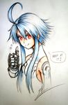  ahoge blue_hair commentary highres isaki_tanaka looking_at_viewer neptune_(series) power_symbol red_eyes short_hair_with_long_locks sketch solo symbol-shaped_pupils thumbs_up traditional_media white_heart 