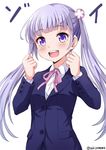 buttons commentary_request eyebrows eyebrows_visible_through_hair jacket long_hair long_sleeves looking_at_viewer new_game! open_mouth purple_eyes purple_hair purple_jacket sakiyamama shirt simple_background solo suzukaze_aoba twintails twitter_username upper_body white_shirt 
