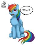  aileen-rose_(artist) blue_feathers confusion cutie_mark dialogue equine feathered_wings feathers female feral friendship_is_magic fur hair horse mammal multicolored_hair my_little_pony pegasus pony rainbow_dash_(mlp) rainbow_hair solo text wings 