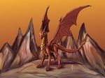  4_toes ambiguous_gender claws dalagar day detailed_background dragon feral horn membranous_wings nude outside red_skin ridged_horn sky solo spread_wings standing toes wings 