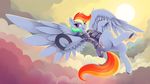  armor blue_feathers blue_fur cutie_mark day dimfann equine eyelashes feathered_wings feathers female feral flying friendship_is_magic fur hair mammal multicolored_hair my_little_pony outside pegasus pink_eyes rainbow_dash_(mlp) rainbow_hair smile solo wings 