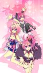  arms_up bare_legs black_legwear blue_bow blue_eyes bow bracelet breasts cleavage color_connection disgaea feather_boa hair_color_connection horns jewelry large_breasts lololotton looking_at_viewer makai_senki_disgaea_3 makai_senki_disgaea_4 makai_senki_disgaea_5 multiple_girls necktie pantyhose pink_background pink_eyes pink_hair purple_eyes raspberyl red_neckwear sailor_collar school_uniform serafuku seraphina_(disgaea) short_hair smile vulcanus_(disgaea_4) white_sailor_collar wrist_cuffs 