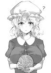  1girl ? breasts buttons collared_shirt commentary_request deetamu eyebrows_visible_through_hair fingernails food frown fruit greyscale hat highres holding holding_food holding_fruit large_breasts looking_at_viewer maribel_hearn medium_hair melon mob_cap monochrome puffy_short_sleeves puffy_sleeves shirt short_sleeves simple_background solo spoken_question_mark touhou upper_body 