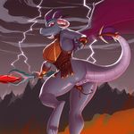  2016 anthro anus armpits butt clothing dragon female friendship_is_magic holding_object horn kevinsano lightning my_little_pony outside princess_ember_(mlp) pussy red_eyes scepter solo underwear wings 