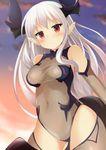  ass_visible_through_thighs bangs blush borrowed_character breasts cloud colo_mag-chan covered_navel elbow_gloves gloves granblue_fantasy hair_between_eyes horns leotard long_hair looking_at_viewer maccha medium_breasts original pointy_ears red_eyes sheer_leotard sky solo thighhighs white_hair 