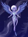  2012 anthro clothed clothing dalagar feathered_wings feathers female looking_at_viewer moon navel night outside purple_eyes sky solo star starry_sky unknown_species white_feathers wide_hips wings 
