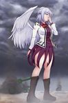  albino artillery bare_legs boots bow bowtie braid breasts cross-laced_footwear dress french_braid highres jacket kishin_sagume lace-up_boots large_breasts long_sleeves purple_dress red_eyes short_dress single_wing solo touhou usutominsutaa white_hair wings 