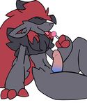  2016 abs erection fan_character johnithanial licking multicolored_penis nintendo penis pok&eacute;mon simple_background tongue tongue_out video_games zoroark 