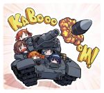  0_0 ahoge akiyama_yukari bangs black_eyes black_hair blue_jacket blunt_bangs brown_eyes brown_hair chibi closed_mouth commentary emphasis_lines explosion eyebrows_visible_through_hair frown girls_und_panzer ground_vehicle hairband isuzu_hana jacket long_hair military military_uniform military_vehicle monolith_(suibou_souko) motor_vehicle nishizumi_miho onomatopoeia ooarai_military_uniform open_mouth orange_eyes orange_hair panzerkampfwagen_iv reizei_mako short_hair smile takebe_saori tank tank_shell uniform white_hairband 