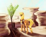  2012 applejack_(mlp) blonde_hair clothing cutie_mark dalagar day earth_pony equine feral friendship_is_magic fur green_eyes hair hooves horse mammal my_little_pony orange_fur outside pony smile solo standing 