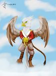  2012 4_toes anthro avian barefoot beak clothed clothing dalagar day digitigrade feathered_wings feathers gryphon holding_object holding_weapon looking_at_viewer melee_weapon outside solo standing sword toes weapon wings yellow_eyes 