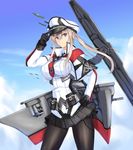  absurdres adjusting_clothes adjusting_hat aircraft airplane anchor black_gloves black_legwear blonde_hair blue_eyes blue_sky breasts capelet cloud day gloves graf_zeppelin_(kantai_collection) hair_between_eyes hand_on_hip hat highres iron_cross kantai_collection large_breasts long_hair long_sleeves luna_(gunfire) machinery military military_hat military_uniform miniskirt necktie outdoors pantyhose peaked_cap pleated_skirt sidelocks skirt sky solo tsurime twintails uniform white_hat 