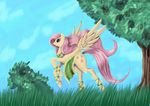  2012 blue_eyes cutie_mark dalagar day equine feathers female feral fluttershy_(mlp) friendship_is_magic fur grass hair hooves mammal my_little_pony outside pegasus pink_hair sky smile solo tree wings yellow_feathers yellow_fur 