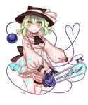  ascot bell black_hat blue_bow blush bow chainsaw character_name commentary_request cowboy_shot cropped_legs dress garters green_eyes green_hair hat hat_ribbon hat_with_ears heart heart_of_string highres jingle_bell komeiji_koishi long_sleeves looking_at_viewer puffy_long_sleeves puffy_sleeves ribbon shan simple_background smile solo touhou white_background white_dress white_ribbon 
