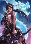  between_breasts black_hair black_legwear blue_background bow_(weapon) breasts cowboy_shot dragon earrings furrowed_eyebrows genderswap genderswap_(mtf) gradient gradient_background hadanugi_dousa hair_ribbon hanzo_(overwatch) holding holding_weapon japanese_clothes jewelry kachima lips long_hair looking_afar looking_to_the_side mechanical_arm medium_breasts nose overwatch patreon_logo patreon_username ponytail purple_background quiver ribbon sarashi serious solo strap_cleavage tattoo thighhighs watermark weapon web_address 