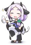  =_= abdomen_swell animal_ears animal_print big_belly bottle chibi closed_eyes commentary_request cow_ears cow_girl cow_horns cow_print cow_tail eyebrows horns japanese_clothes kimono kugelschreiber long_hair milk_bottle original pregnant purple_hair simple_background smile solo tail tail_raised thick_eyebrows 