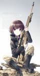  &gt;:) 2016 accuracy_international ankle_boots ax338 bipod boots brick brown_eyes brown_hair camouflage dated english gradient gradient_background gun highres holding holding_gun holding_weapon jacket knees_up long_sleeves looking_at_viewer makadamixa military original pants pavement rifle scope shell_casing shoelaces short_hair signature sitting smile sniper_rifle solo v-shaped_eyebrows weapon 