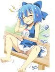  2016 artist_name barefoot blue_bow blue_dress blue_hair blush bow brain_freeze cirno closed_eyes collarbone dated dress hair_between_eyes hair_bow ice ice_wings irony panties pantyshot pantyshot_(sitting) shaved_ice short_hair sitting sleeveless solo spoon spoon_in_mouth taishi_(moriverine) tears touhou underwear wavy_mouth white_panties wings 
