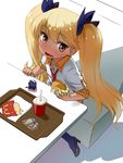  bangs blonde_hair blush brown_eyes drink fast_food food french_fries from_above glasses hair_ornament hamburger high_heels long_hair mcdonald's necktie open_mouth restaurant retoree show_by_rock!! sitting solo tray twintails wavy_mouth zanzi 